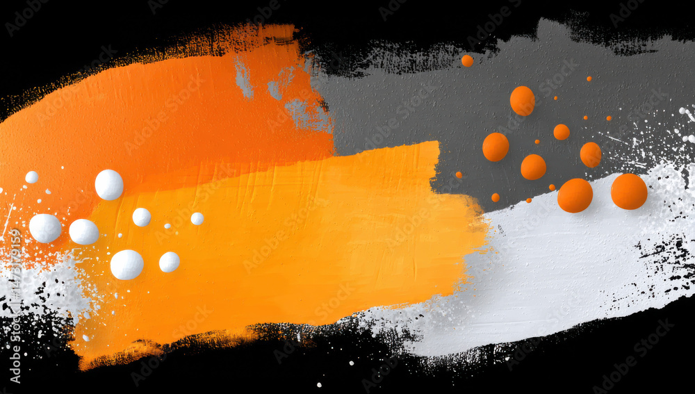 Poster abstract orange, gray, and white paint strokes with scattered spheres; vibrant color palette, dynami