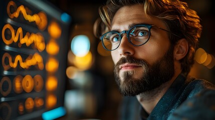 Focused businessman intently analyzing financial data on a computer screen at night
