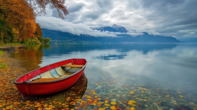 Serene Autumn Lake with Red Rowboat and Mountain Reflection