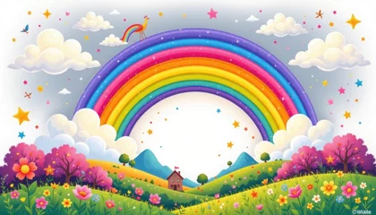 Wanddecoratie Regenboog whimsical cartoon landscape with rainbow happy clouds and stars children illustration theme joyful design isolated on white background  © Namwan