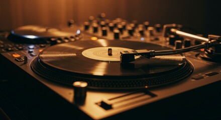 Close-up of a DJ turntable playing a record
