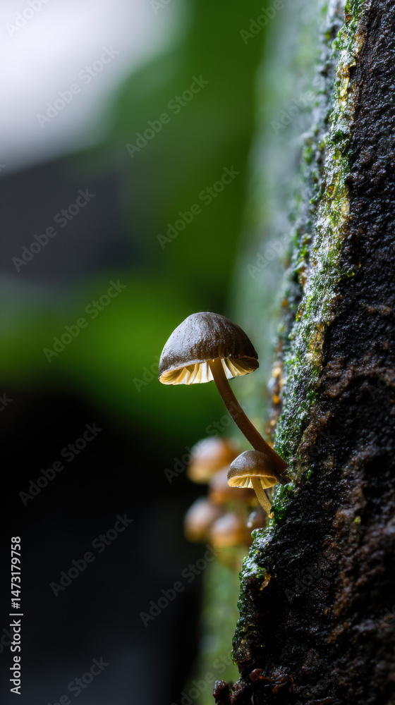 Poster Tiny mushrooms cluster on mossy tree bark, illuminated by soft light, creating a serene and enchanting forest scene. : Generative AI