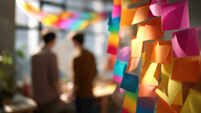 Two colleagues brainstorm ideas, colorful sticky notes on a whiteboard in a sunlit office. A rainbow decoration adds a vibrant touch to the creative workspace. : Generative AI