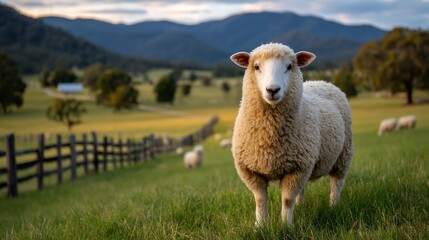 Obraz premium Sheep stands in green field with mountains, fence, and others on the hillside