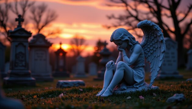 sorrowful angel statue sitting in dusk cemetery soft glow emotional serenity spiritual memorial scene atmospheric lighting isolated on white background
