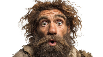 Portrait of neanderthal caveman making a surprised face, isolated white background