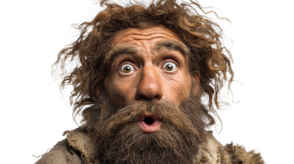 Portrait of neanderthal caveman making a surprised face, isolated white background