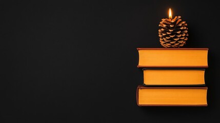 Three stacked books with yellow pages and a lit pine cone candle on top, set against a black background.