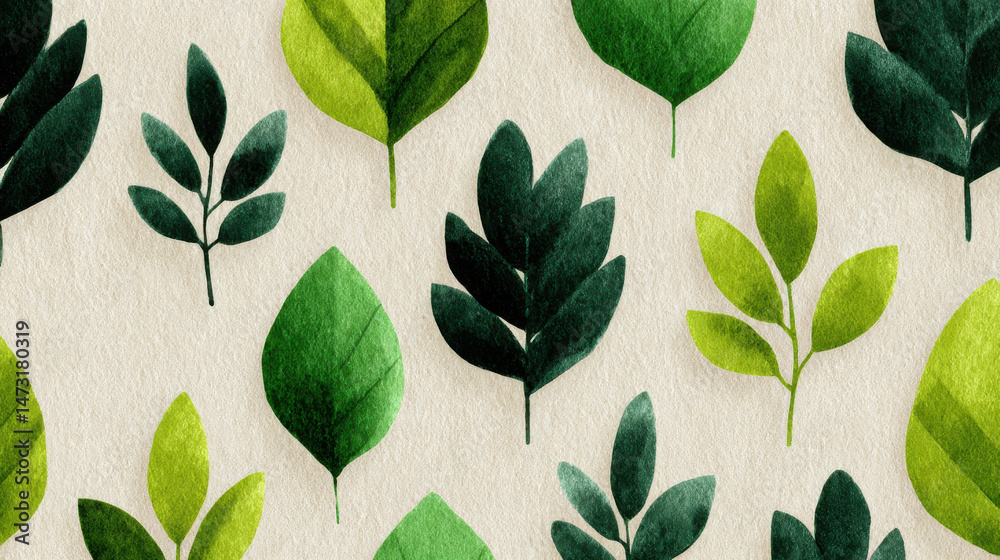Poster a seamless pattern featuring stylized green leaves in varying shades, arranged on a beige textured b
