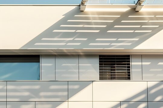 Geometric interplay of light and shadow on a modern white facade with windows.