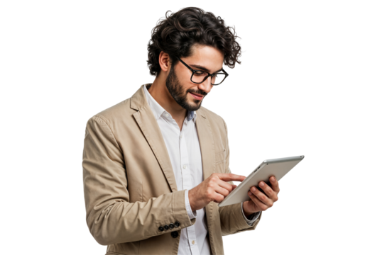 Confident Businessman in Beige Suit Using Digital Tablet on Transparent Background