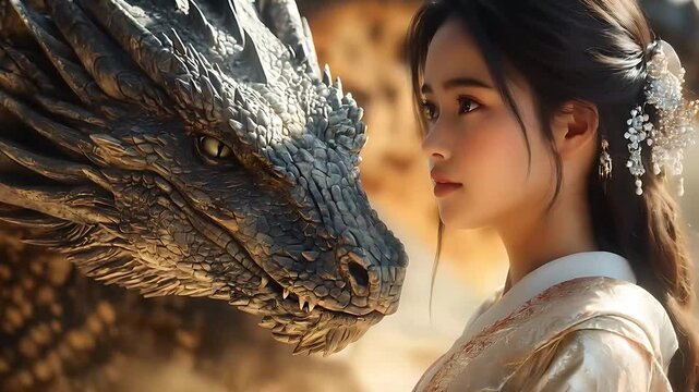 Fantasy Dragon and Maiden Cinematic Portrait of a Mystical Bond
