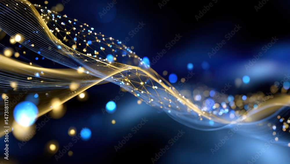 Leinwandbilder Abstract digital wave with glowing gold and blue particles, network connection concept, futuristic technology background, elegant design for presentations or websites. : Generative AI