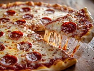 Freshly Baked Pepperoni Pizza with Stretchy Cheese and Crispy Crust on Wooden Board for Delicious Food Photography and Culinary Inspiration