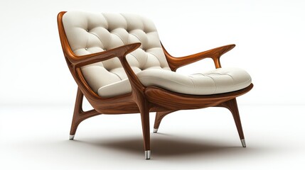 Fototapeta premium Off White Tufted Armchair with Dark Brown Wooden Frame on White Background