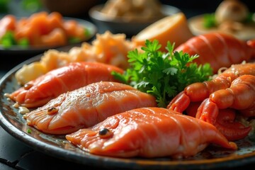 Abundant seafood buffet spread, featuring various shellfish, fish, and crustaceans , parsley, event