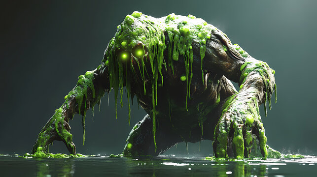 A grotesque swamp monster emerging from the murky water, its body covered in dripping moss and glowing green pustules. [Abyssal Gardens] | Seashadow Grove | murky green. Illustration