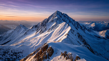 Snowy peak mountain view at dawn with gradient purple, orange, and yellow sky