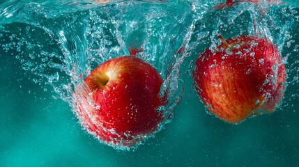 Two ripe red apples splashing into crystal teal water droplets cascading all directions contrasting colors creating eye catching energetic composition 