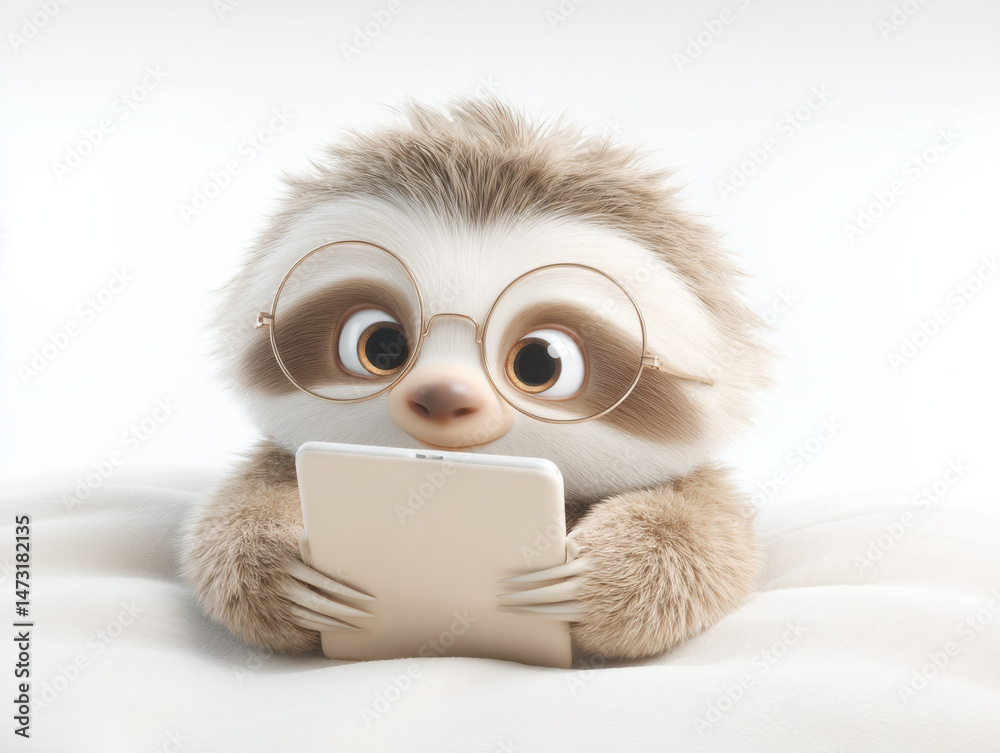 Poster adorable sloth wearing glasses uses a tablet while relaxing on a soft, white bed. the fluffy creatur