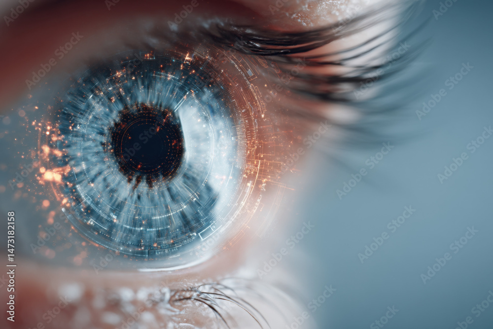 Poster close-up of a human eye with futuristic, digital overlay, showcasing intricate patterns and glowing 