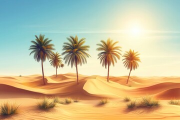 Serene desert landscape featuring golden dunes and palm trees under a bright sun