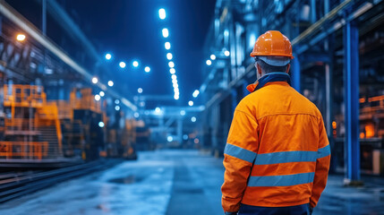 A man in an orange safety jacket stands in a large industrial building. The building is lit up with bright lights, creating a sense of energy and activity