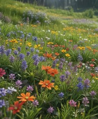 Obraz premium Vibrant spring wildflowers blooming in lush meadow, field, fresh