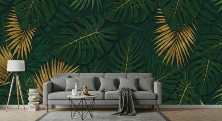 Tropical leaves wallpaper in a living room setting