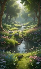 Obraz premium Emerald canopy, crystal stream, wildflowers carpet, background, water