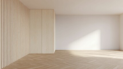 Fototapeta premium Minimalist Interior Design with Wooden Accent Wall and Herringbone Floor