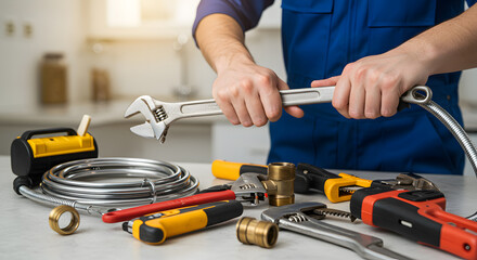 Expert Plumber Using Adjustable Wrench for Plumbing Repair Professional Pipe Fitting and Installation Services