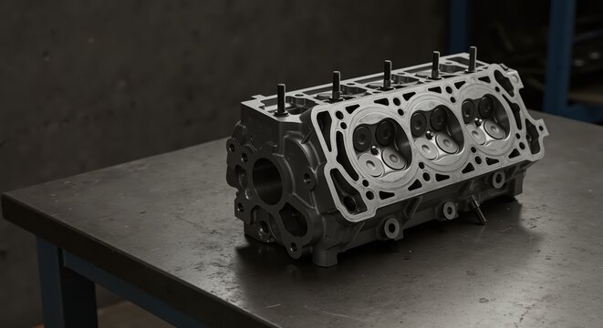 Engine cylinder head on a workbench in a mechanic's garage