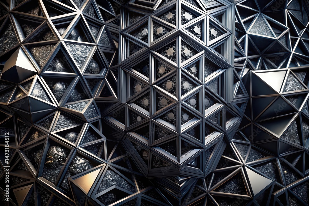 Wall mural abstract dark metallic geometric structure with intricate triangular facets and textured interiors