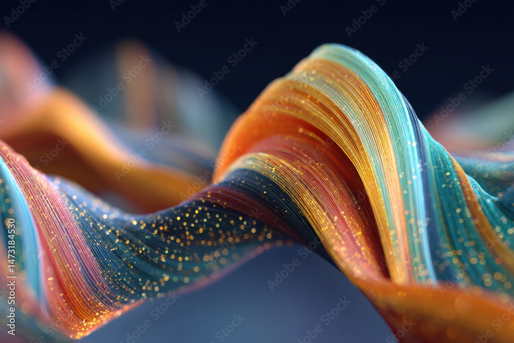 Fototapete Abstract swirling wave of vibrant orange, teal, and gold threads, glittering with golden particles, creating a dynamic and luxurious visual texture. : Generative AI