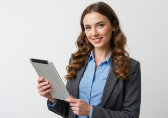 Fototapeta premium Smiling businesswoman in suit holding tablet against white background