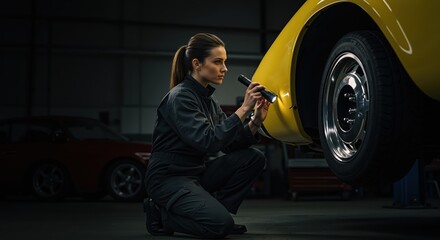 Woman inspecting a car wheel with a flashlight in a garage