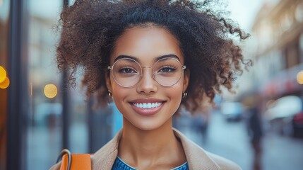 Smiling young woman with curly hair and eyeglasses outdoors.