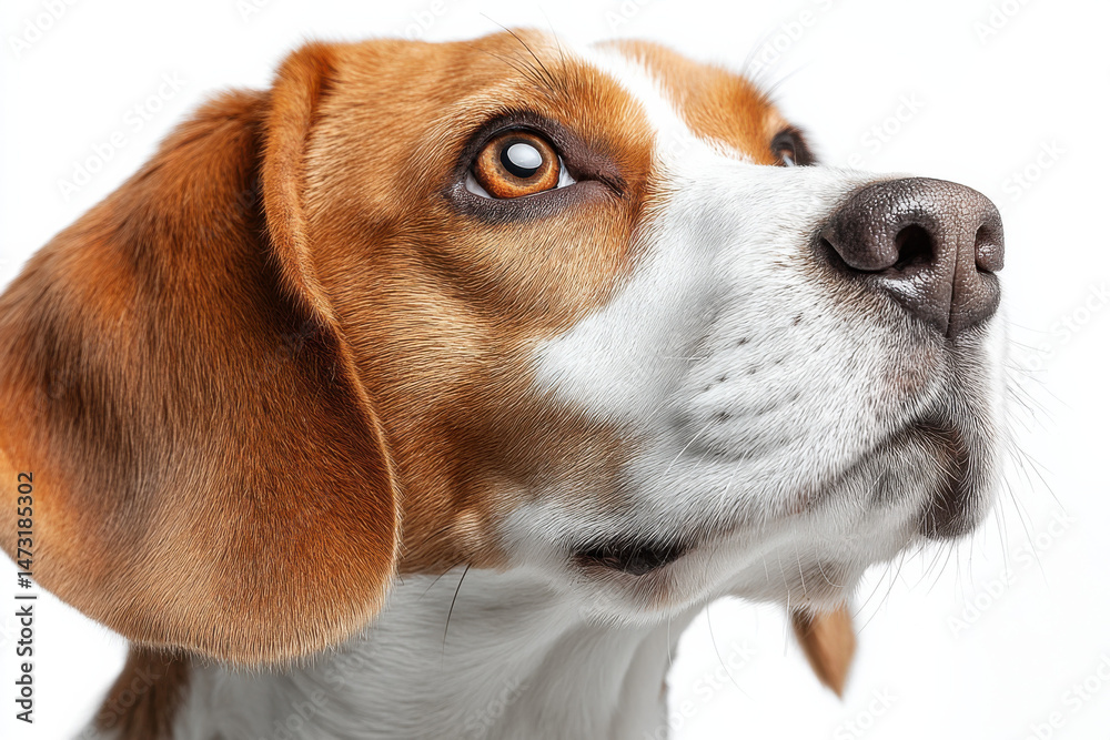 Poster close-up portrait of a beagle dog, looking upward with attentive eyes, showcasing its distinctive tr