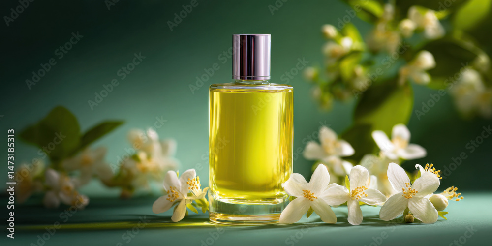 Poster elegant yellow perfume bottle displayed with delicate jasmine blossoms, creating a serene and fragra