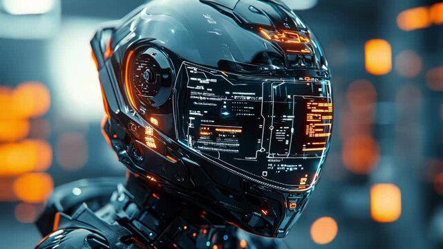 Close-up of futuristic helmet with HUD display, sci-fi concept