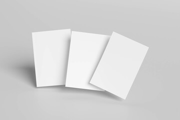 Bent empty paper sheet. A4 book format paper with shadows on gray background. Magazine, booklet, postcard, flyer, business card or brochure mockup. 
