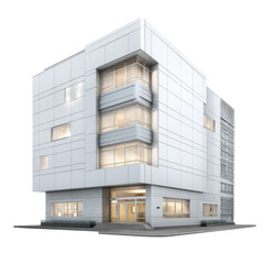 Fototapeta premium A modern, multi-story office building with large windows and a sleek, minimalist design.