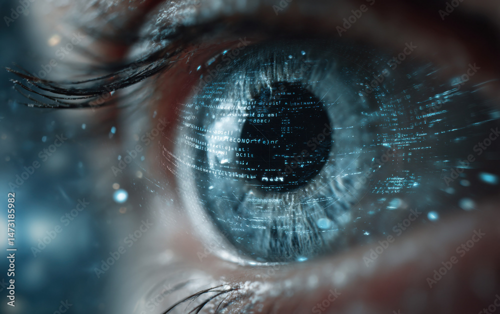 Poster Close-up of a human eye with digital code overlay, showcasing futuristic technology and data visualization concepts.  The image evokes themes of artificial intelligence, cyber security : Generative AI