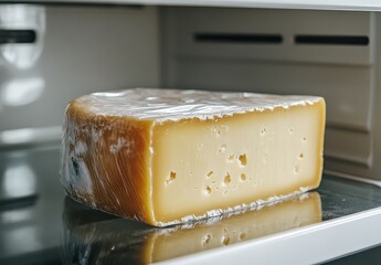 Freshly Cut Cheese Block Wrapped in Clear Plastic in a Refrigerator Setting, Featuring a Creamy Texture and Yellow Hue