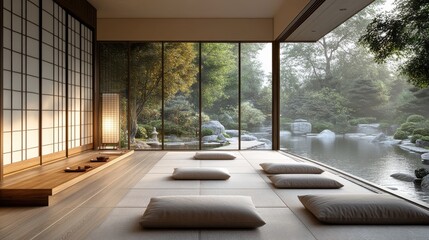 Serene Minimalist Japanese Tea Room Interior with Sunset Garden View
