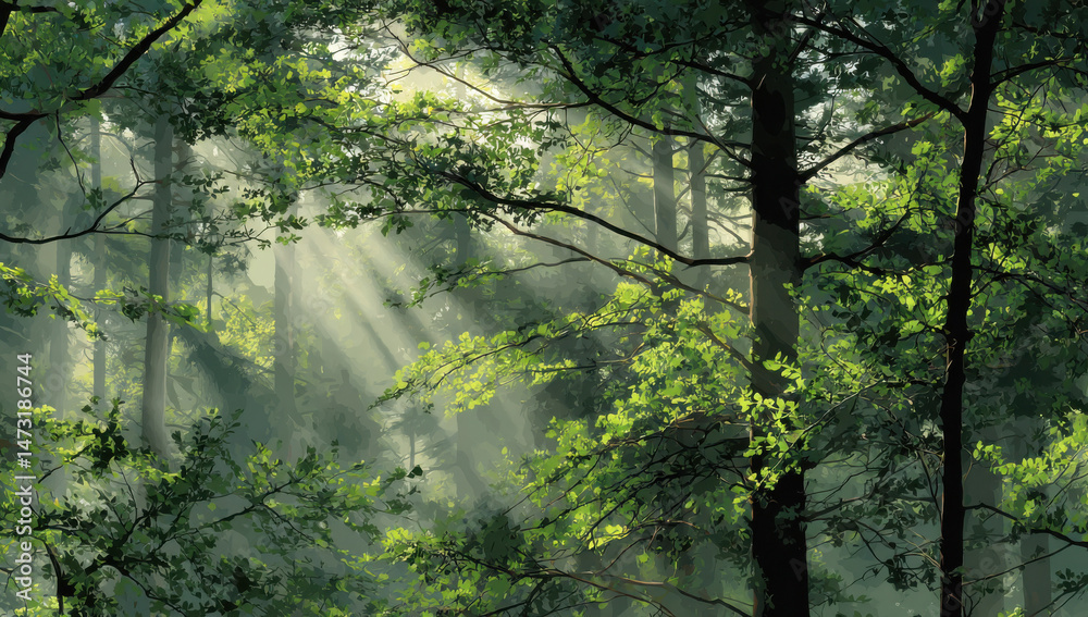 Poster Sunbeams illuminate a lush, green forest, dappled light filtering through leaves and branches, creating a serene and mystical atmosphere. : Generative AI