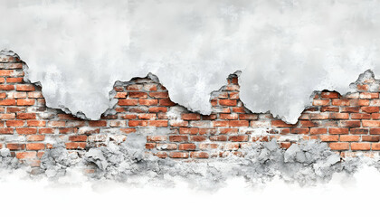 Distressed brick wall texture with peeling plaster, grunge background ideal for design projects.