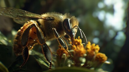 High-Detail Image of Honeybee Feeding on Flower Nectar