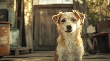 A light-brown dog sits patiently outdoors, bathed in warm sunlight, in front of a weathered wooden structure